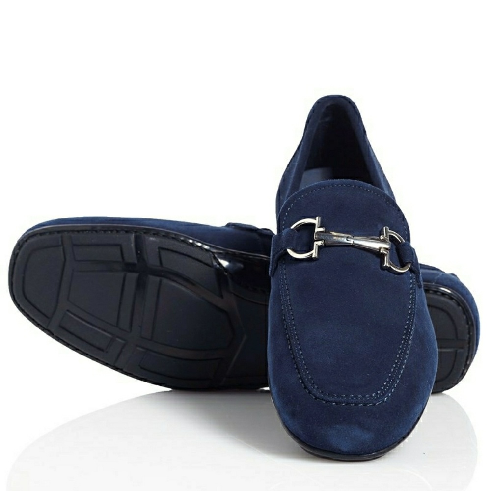 New! SALVATORE FERRAGAMO Blue Suede Bit Loafers - Picture 2 of 8